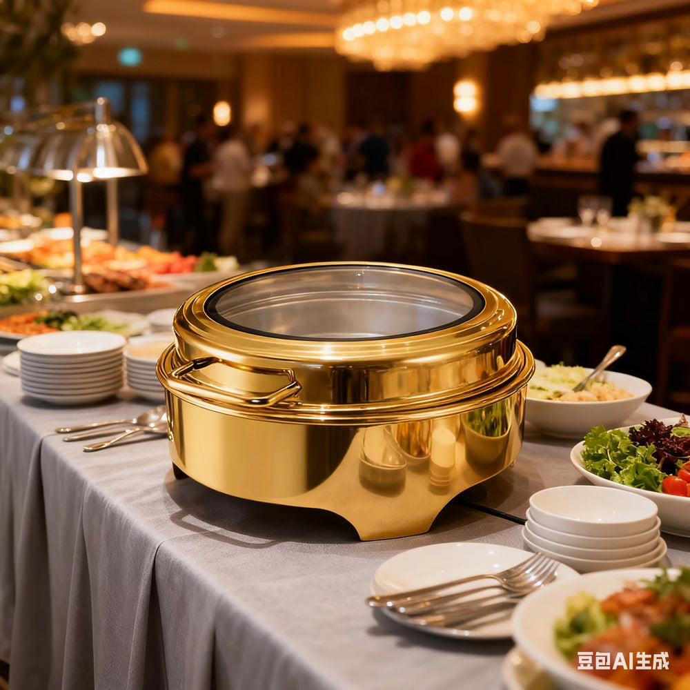 Round stainless steel buffet warming cabinet set, 6l visible glass lid buffet stove, hotel kitchen equipment - in stock