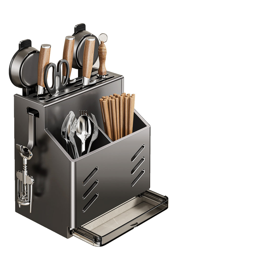 Household kitchen suction cup kitchen knife holder multi-functional shelf wall hanging non-punching chopsticks knife holder integrated storage box