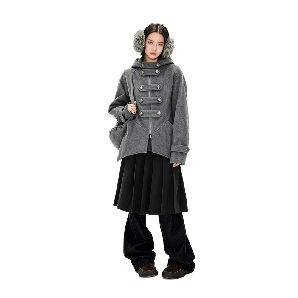 cross-border fashion napoleon woolen hooded outwearretrocasualasymmetrical hem medium longtops