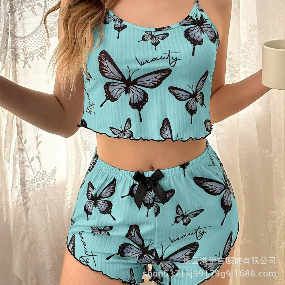 hot-selling european and american home wear: ribbed print, subtly sexy camisole and shorts two-piece pajama set for women