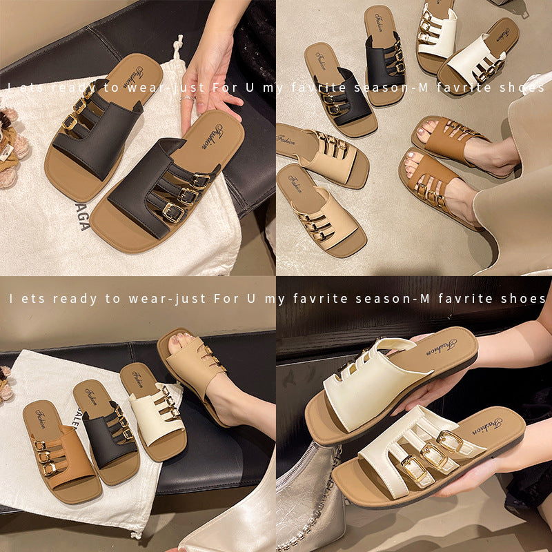Trendy square-toe flat fashion slippers for women - 2026 summer new arrivals - fairycore style with buckle strap - versatile beach sandals