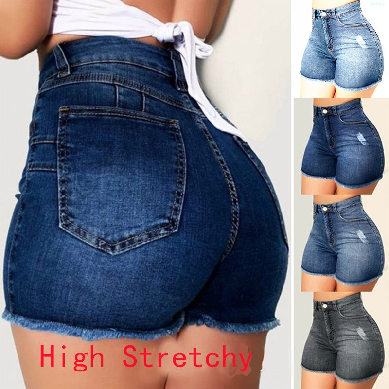 Amazon  hot selling denim shorts women's summer ins trendy high waist hem elastic ripped washed jeans