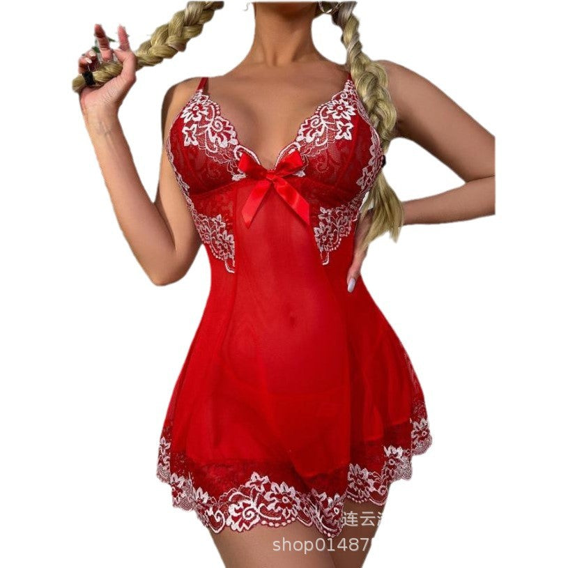 Wholesale foreign trade sexy lingerie nightwear lace mesh nightgown valentine's day red festive suspender dress