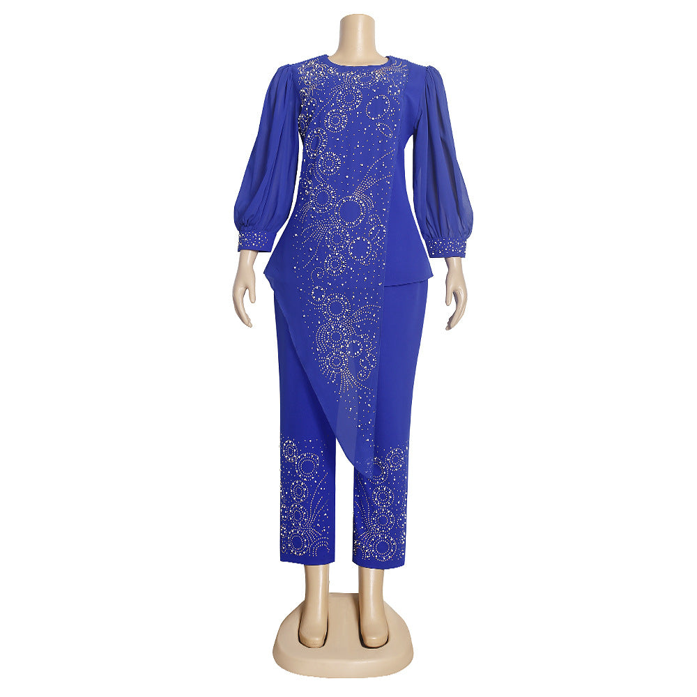 e-commerce  african women's plus size beaded and rhinestone irregular top + pants two-piece set