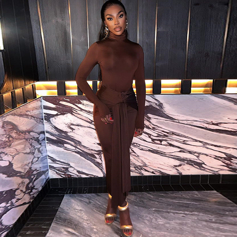 European and american style ins foreign trade women's solid color round neck long sleeve dress - mid-waist tie belt flowy elegant dress