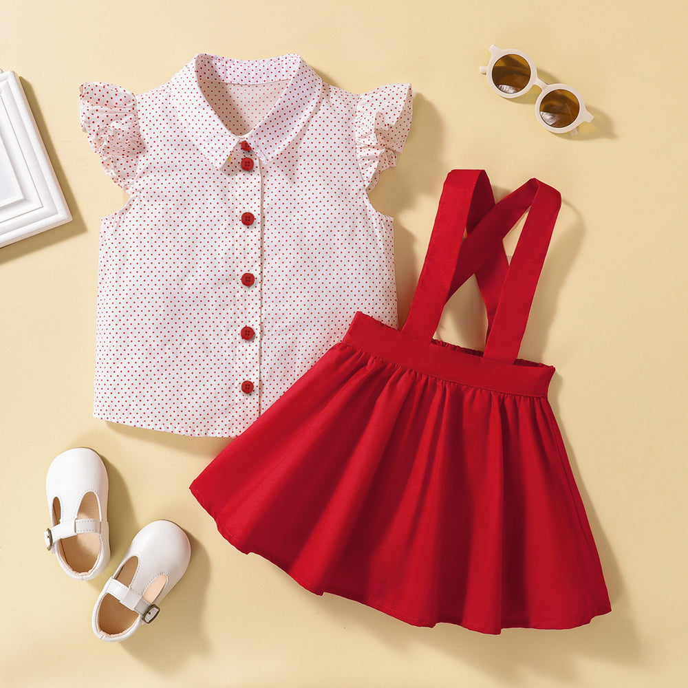 Kids' summer polka dot collar top & baby suspender pleated skirt chic two-piece set