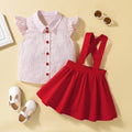 Kids' summer polka dot collar top & baby suspender pleated skirt chic two-piece set