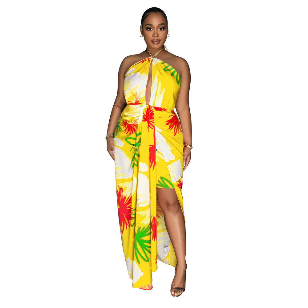 C6921 cross-border   independent station fashionfashion women's backless tie back printing dress length