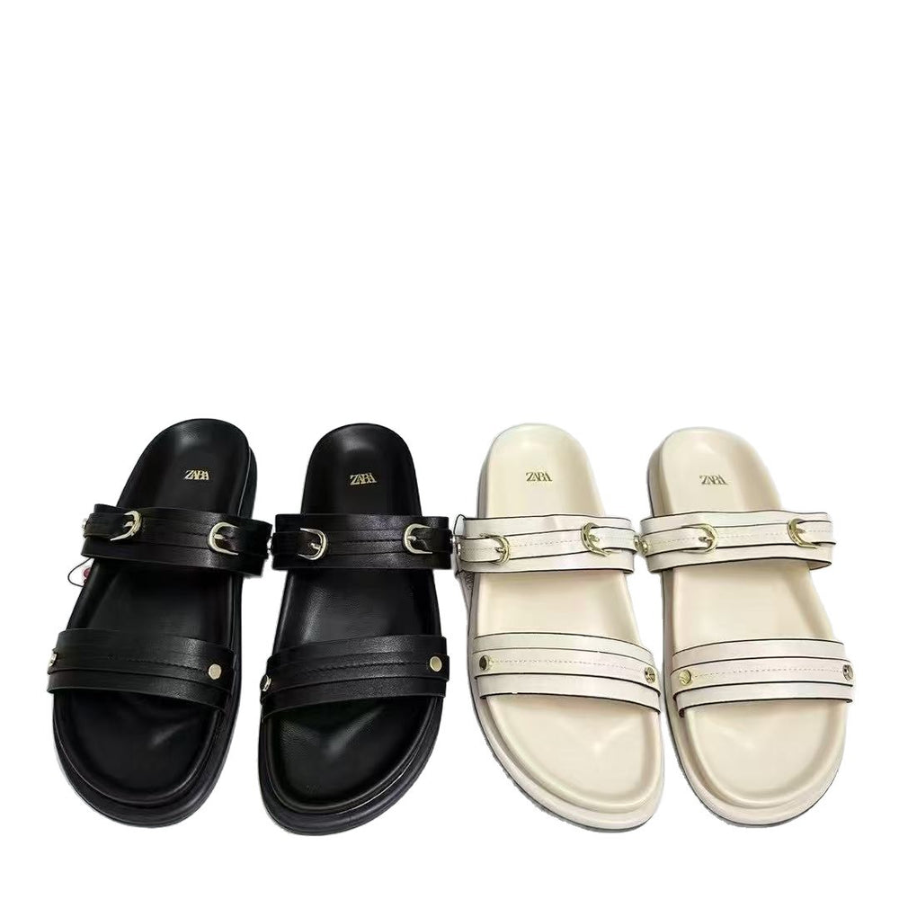 Za2025 summer new arrivals: women's double strap buckle round toe casual flat sandals