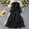Luxury french-style lantern sleeve dress - women's summer lace patchwork tie-up slimming design elegant maxi dress