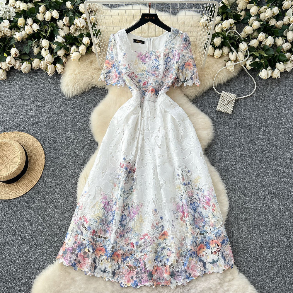 French high-end women's dress - summer  collection: slimming, elegant, and fashionable printed hollow-out crochet lace dress