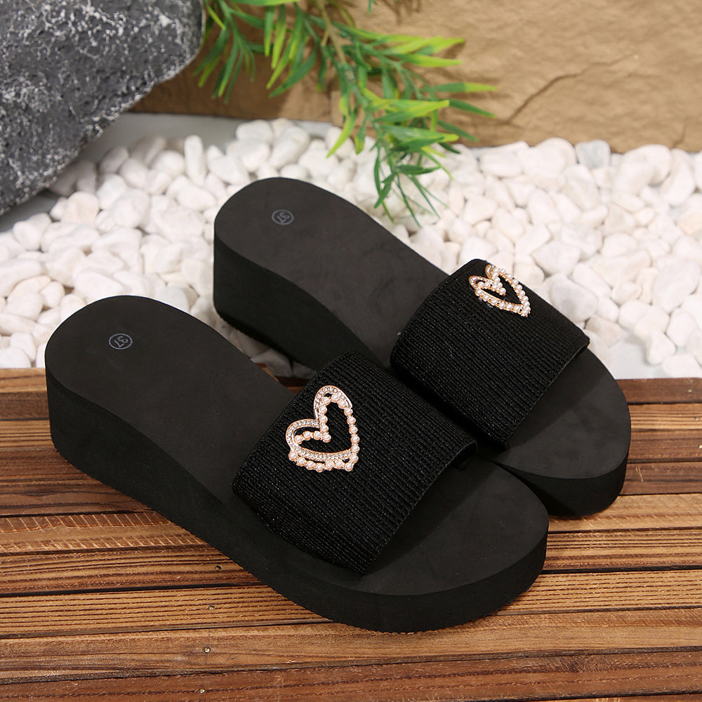 plus size wedge slippers for women 2025new arrivalexport one-word pearl butterfly sandals open peach heart slippers