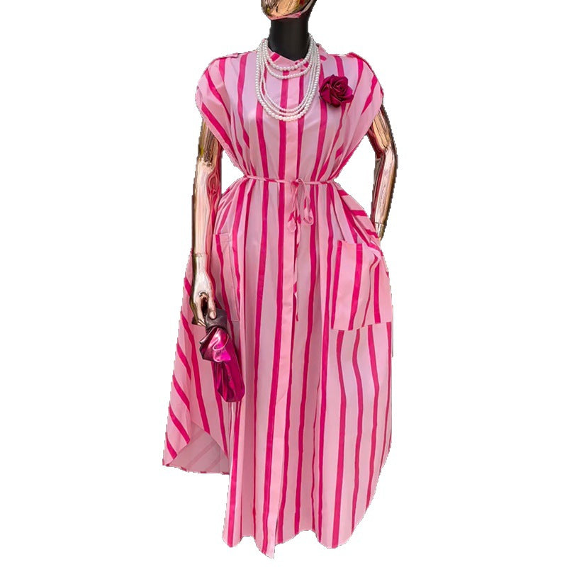 European and american cross-border women's fashion:  spring new arrival - stylish and elegant striped tie-waist pocket short-sleeve midi dress