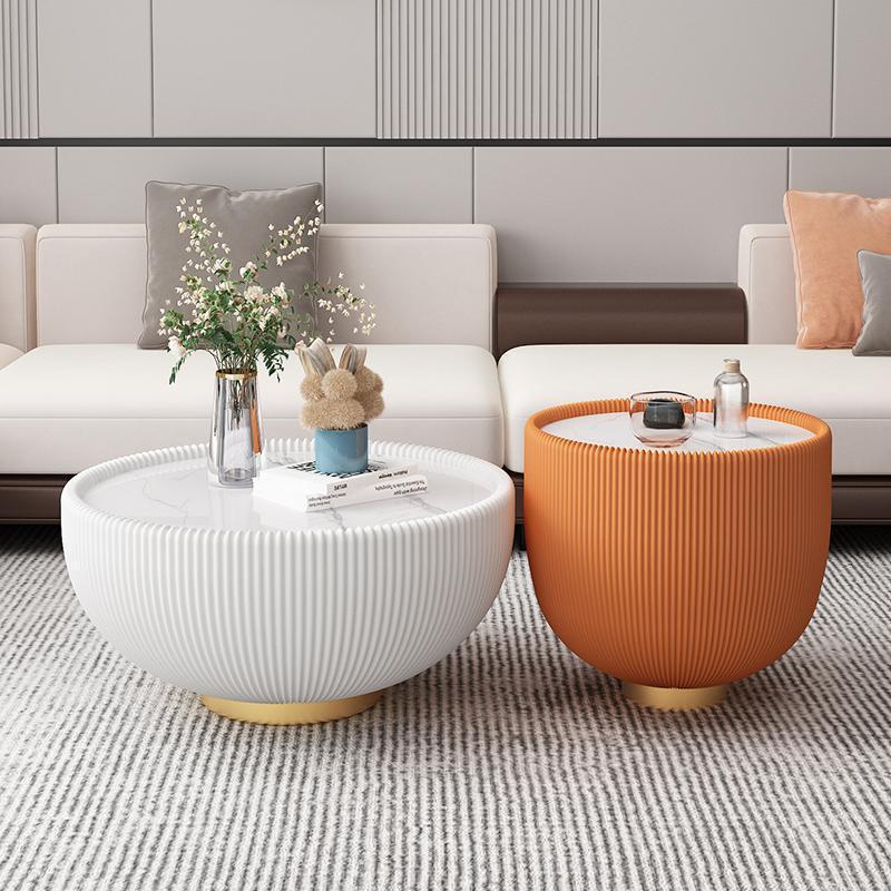 Nordic light luxury coffee table modern living room table small apartment size combination round rock slab leather creative bowl coffee table