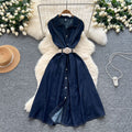 Women's summer dress  new korean style fashion turn-down collar sleeveless single-breasted cinched waist denim shirt maxi dress