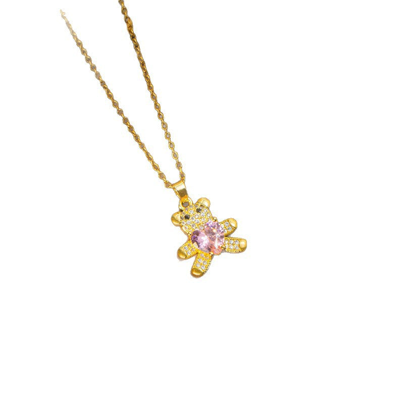 European and american style, full diamond bear necklace for women. copper plated with micro-paved cubic zirconia, cute and sweet style, titanium steel clavicle chain pendant