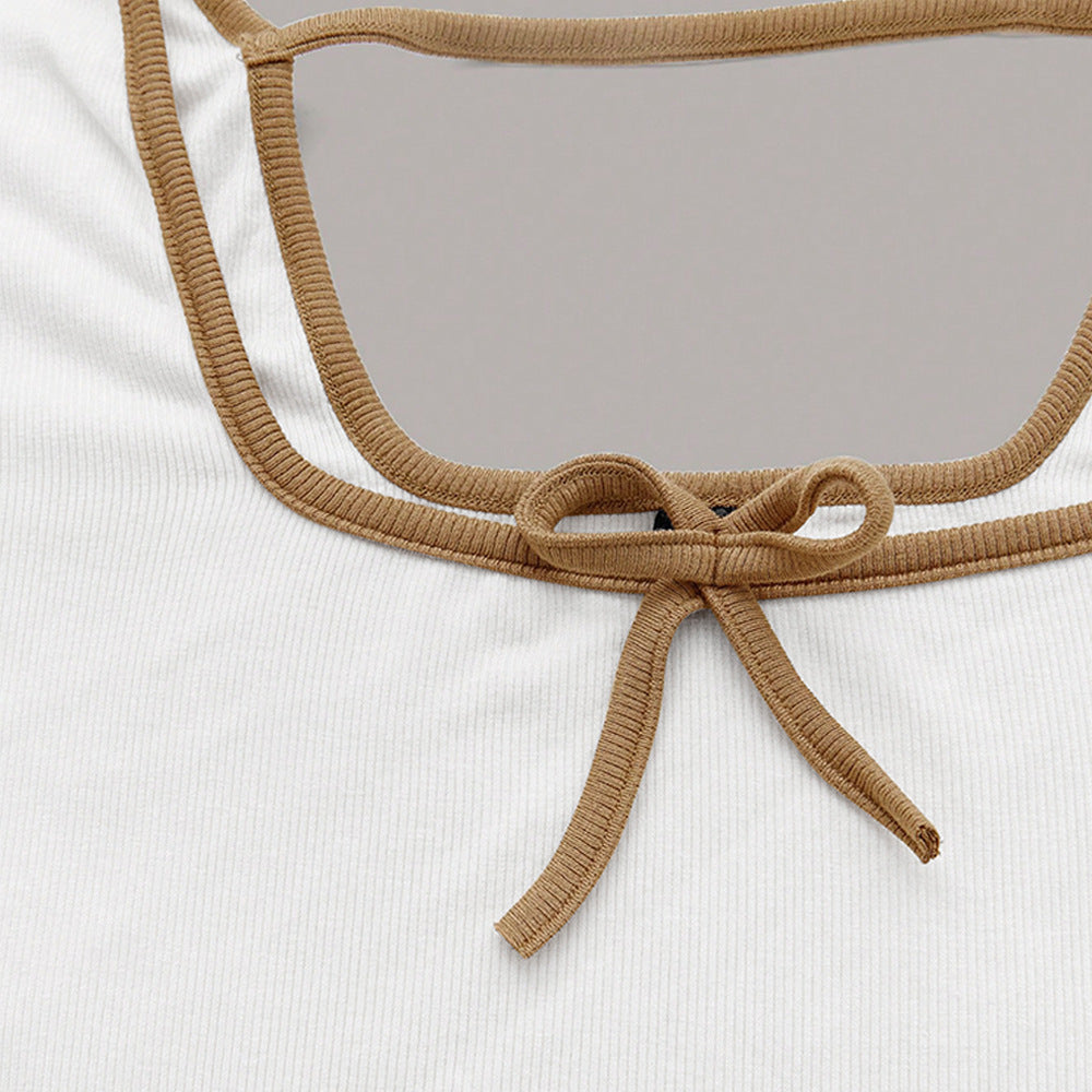 European and American  women's clothing square collar T-shirt winter new backless design pullover solid color super short top women