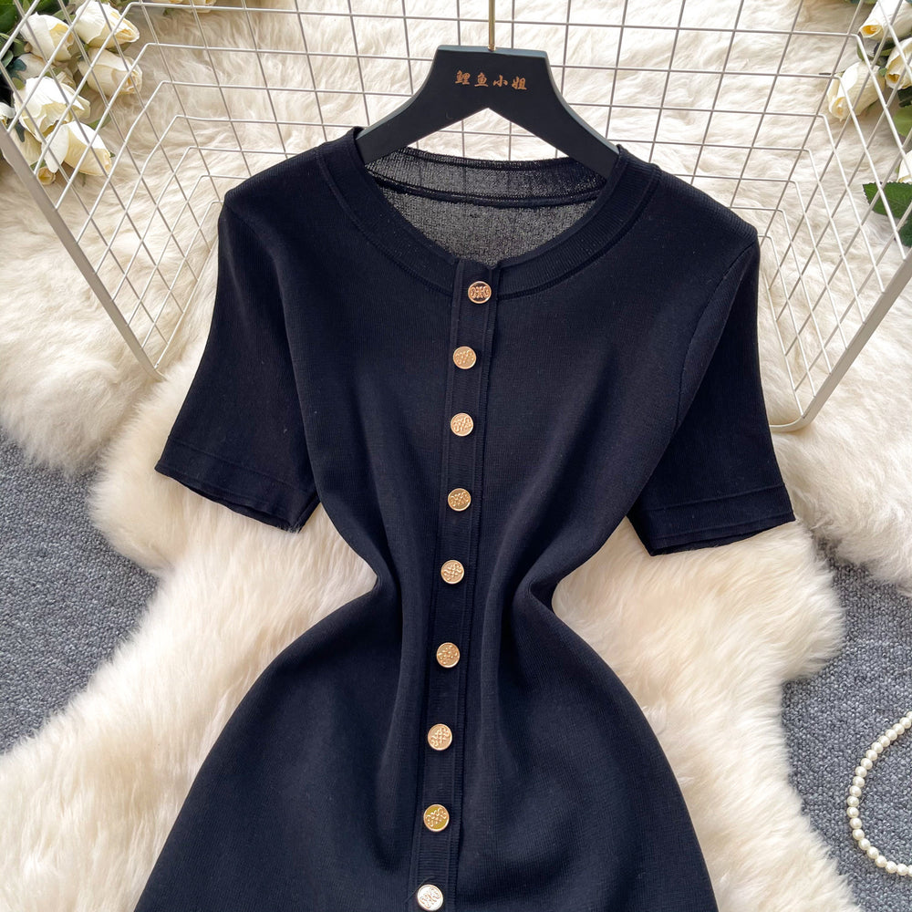 French chic sweet knit round neck dress - women's summer high-end black short sleeve ruffle hem work dress
