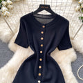 French chic sweet knit round neck dress - women's summer high-end black short sleeve ruffle hem work dress