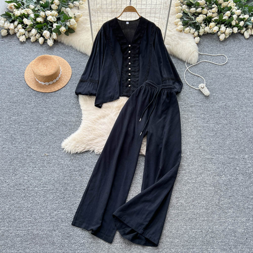 Classy sense of dressing for women autumloosecasuallacepatchwork lantern sleeve v neck shirt high waist wide leg straight-leg pants