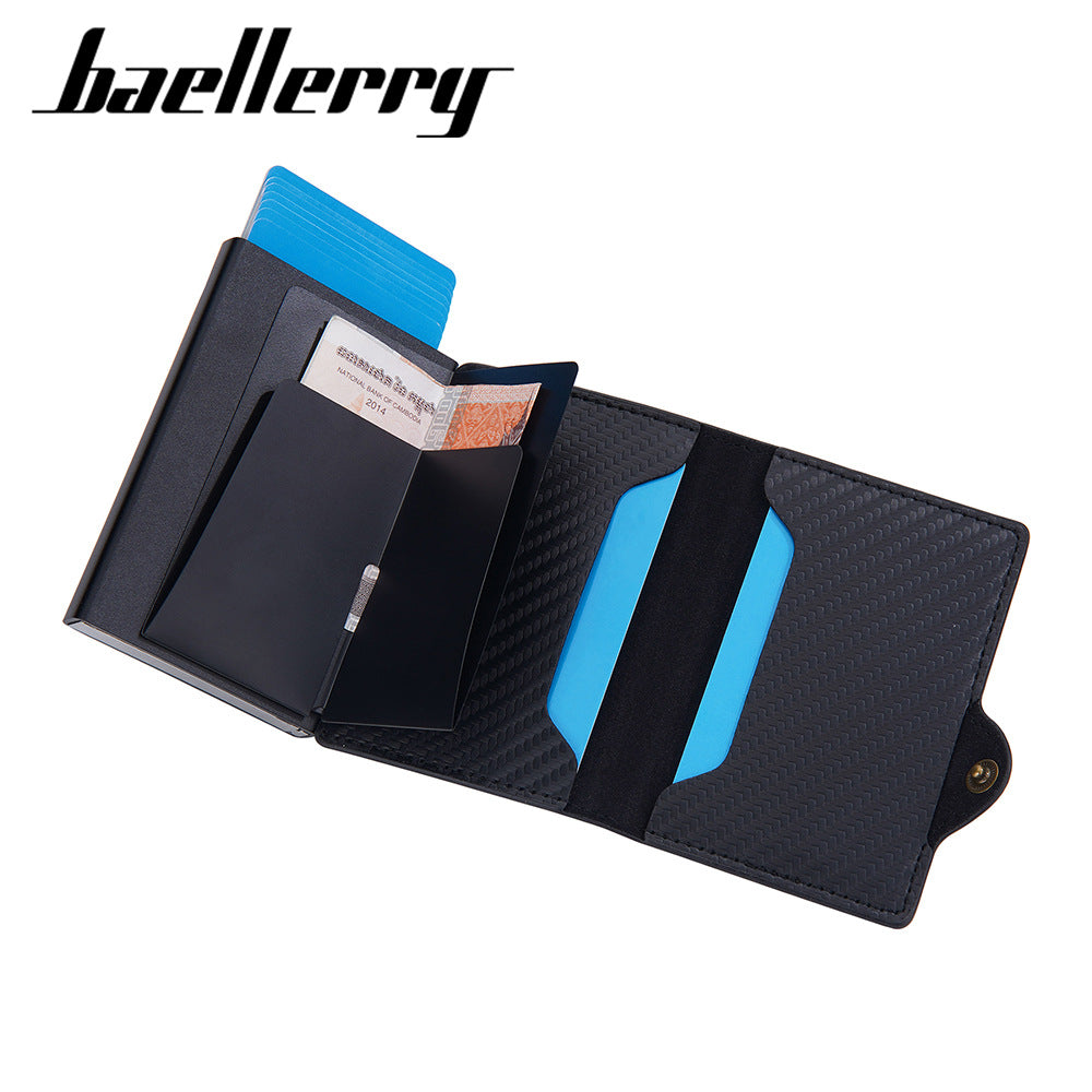 Baellerry new men's card bag carbon fiber RFID anti-theft side push buckle elastic card metal aluminum box card clip