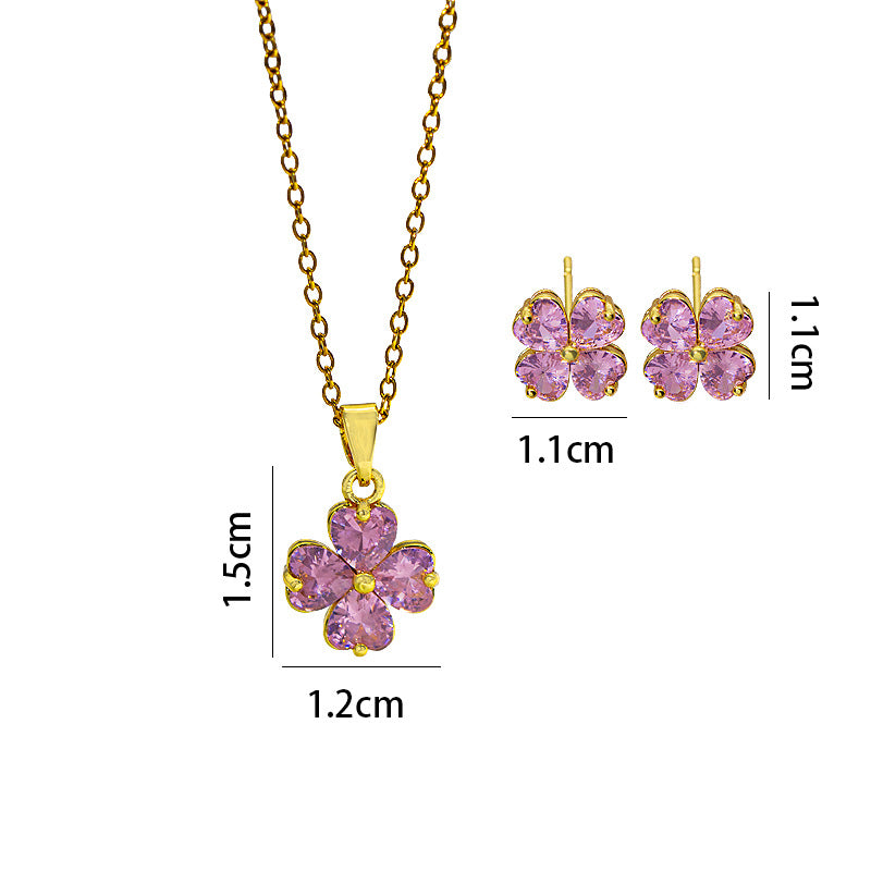 popular zircon-inlaid four-leaf clover necklace accessible luxury niche women's fashion non-fading clavicle chain earrings jewelry set