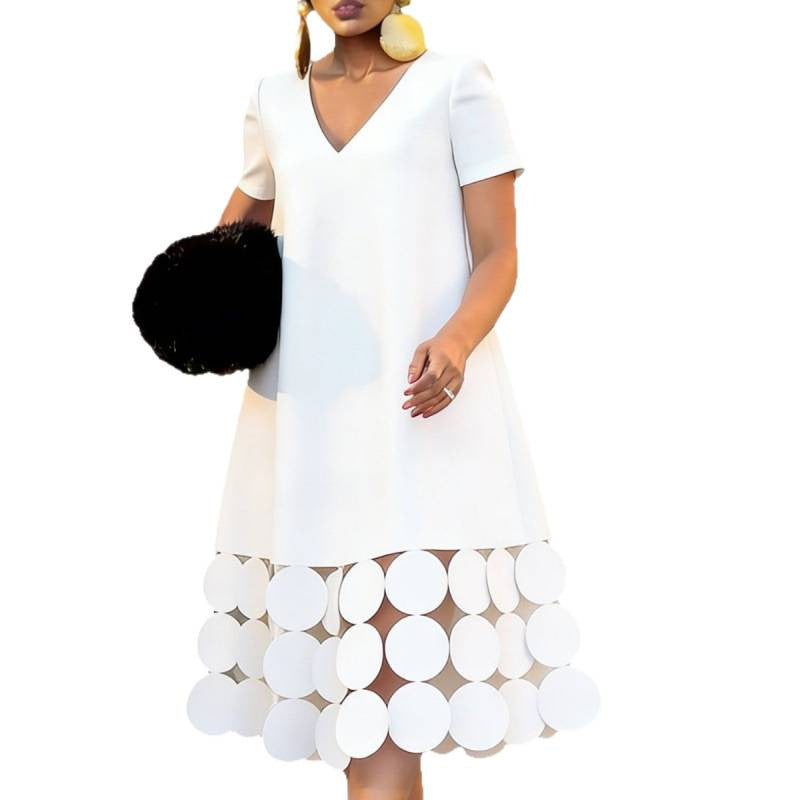 Amazon european design elegant minimalist loose fit slimming v-neck midi short sleeve dress