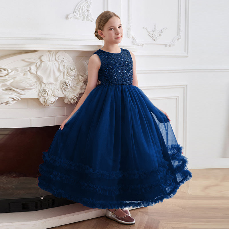 Girls' formal dress - high-end runway mesh skirt, vest dress, elegant hostess style, customized for children's piano recitals, european and american style