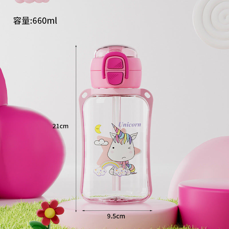 Fresh cartoon pop-top straw cup for home student kids convenient leak-proof strap carrying rope resistant to falling cute water cup