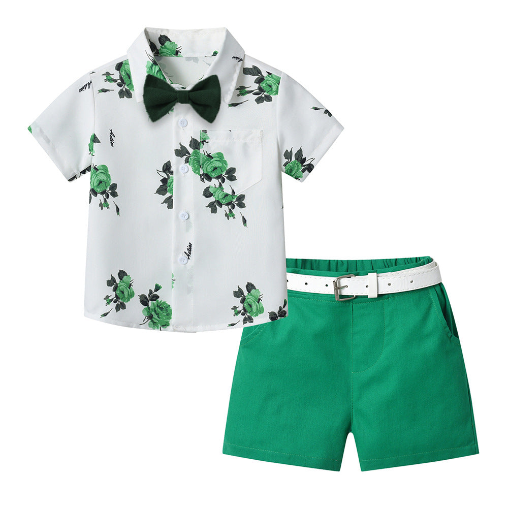 Wholesale foreign trade new children's summer outfit: boys' short-sleeve shirt with rose print, cotton set with belt - direct from the manufacturer