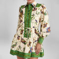 cross-border e-commerce european and american women's clothing: new summer collection - tie-waist printed turn-down collar long-sleeve pleated european and american style dress