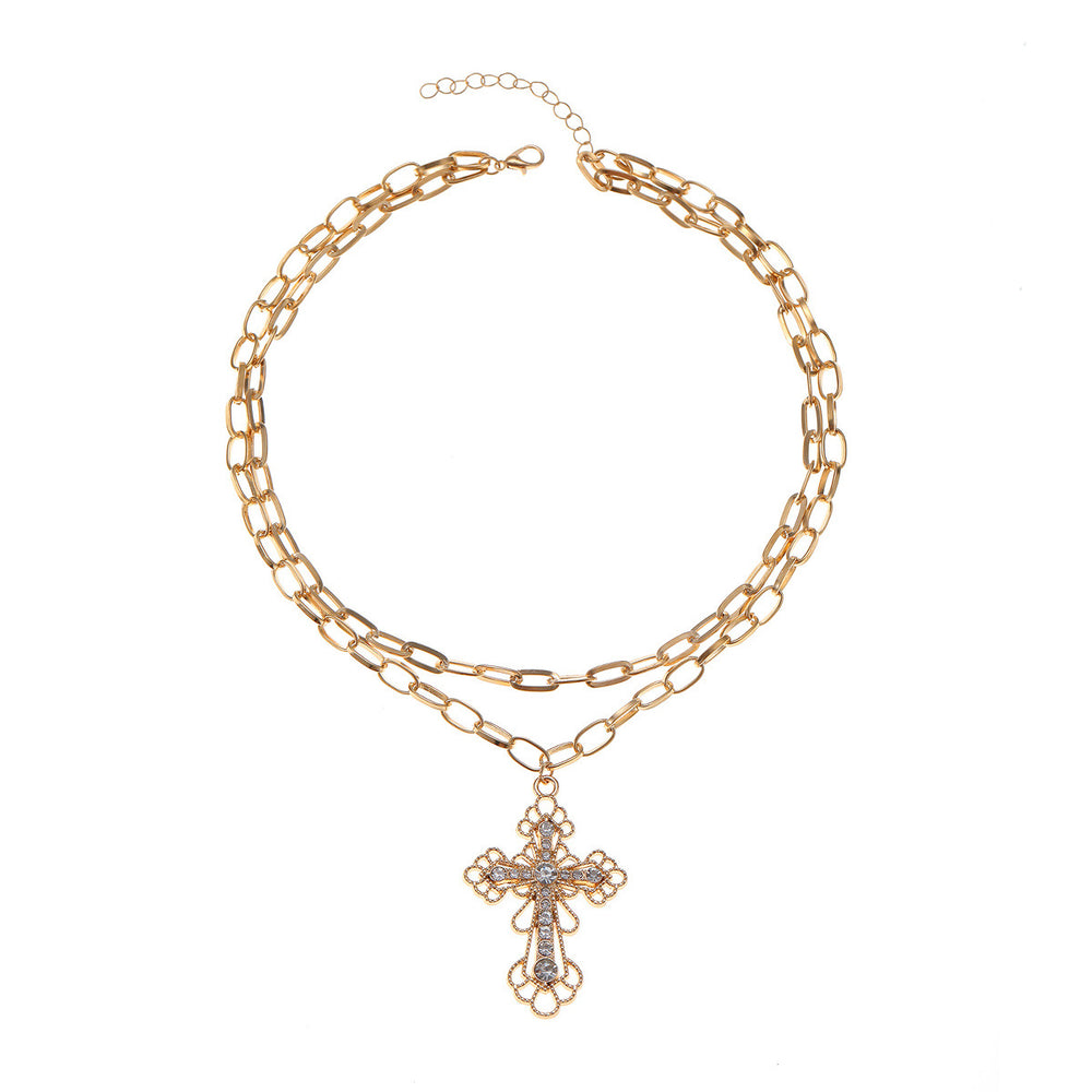 Cross necklace wholesale cross-border hollow diamond pendant jewelry accessible luxury niche high-end retro stacked necklace