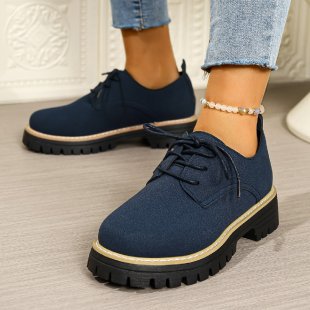 autumnew arrival cross-border plus size medium heel square heel flats women's k-style round toe tie backexport loafers women's flats