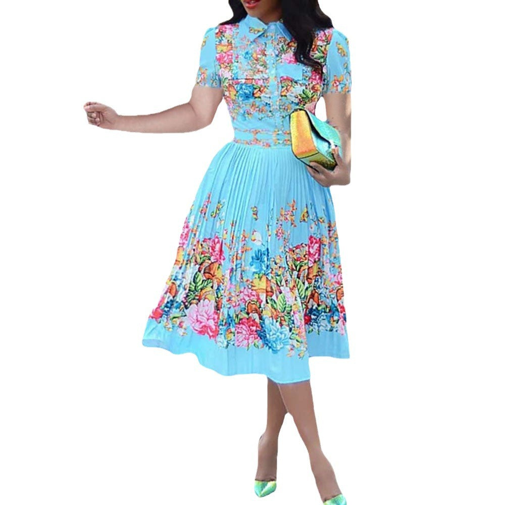 Amazon women's summer new pleated skirt  european and american cross-border waist-defining printed short-sleeve shirt collar dress