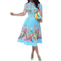 Amazon women's summer new pleated skirt  european and american cross-border waist-defining printed short-sleeve shirt collar dress