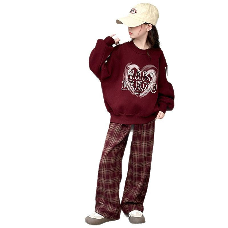 Girls' spring/autumn  new red hoodie and chic casual plaid pants set - loose-fit top two-piece outfit for girls