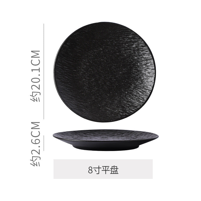 Vintage rock texture ceramic dinnerware set - soup plates, fish plates, steak plates, and vegetable plates - matte finish, high-end black and white dinnerware set