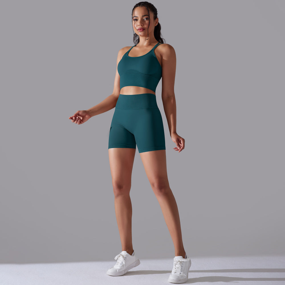 fashion seamless knitting pure color beautiful back high elastic sports tight yoga suit running fitness two-piece set