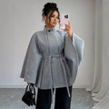 fashion stand collar waist plus sizeshortwoolen cape outwear wide sleeves tie backslimming look