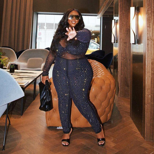 VK2247 European and American bright diamond long-sleeved large-size hot diamond jumpsuit