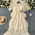 Retroelegance heavy industry cut out crochet water soluble lacedress women's french waist slimming look short sleeve dress long skirt