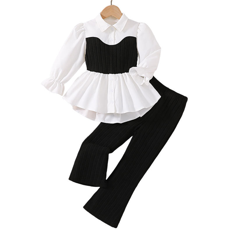 Autumnew arrivalkidsshirtvest lacetwo-piece setfashiontweed stylepantsgirllong sleevesk-stylesuit