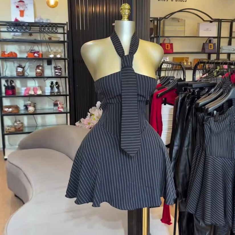 European and american cross-border women's fashion:  summer new arrival - elegant design bandeau backless bow tie striped mini dress
