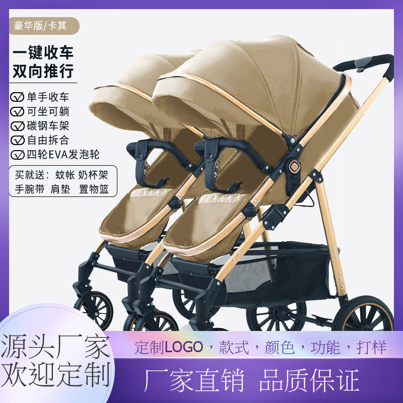 Twin stroller - lightweight, high-view, portable, convertible (sitting/reclining), detachable, double baby stroller, foldable, universal fit