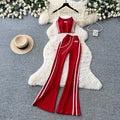Spicy girl style red camisole two-piece set: double-stripe high-waisted flare pants - trendy summer outfit for women