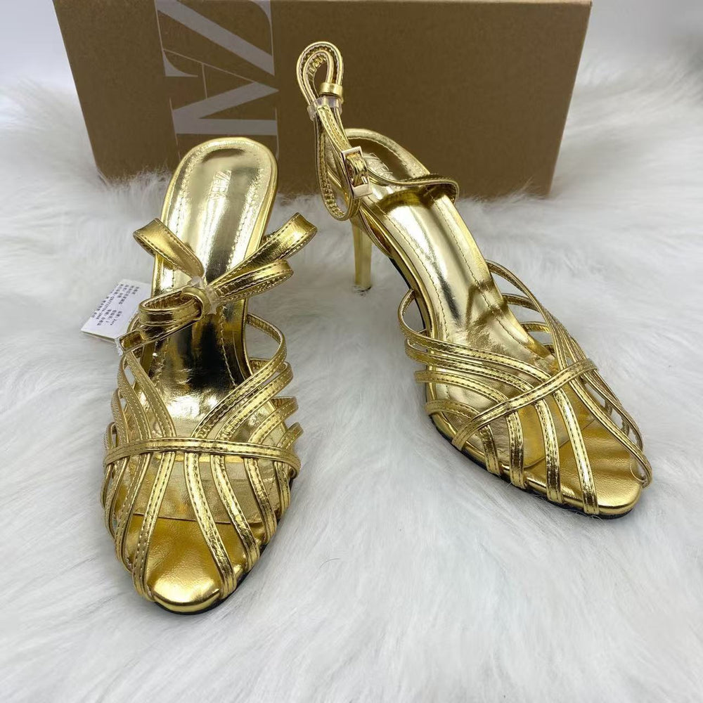Za cross-border independent station insfashion catwalk electroplated steel heel one-word buckle strap simple open toe women's shoes sandals