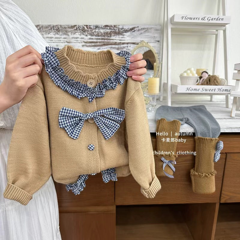 fall/winter new korean style ruffle trim round neck knitted cardigan women's designer bow sweater jacket