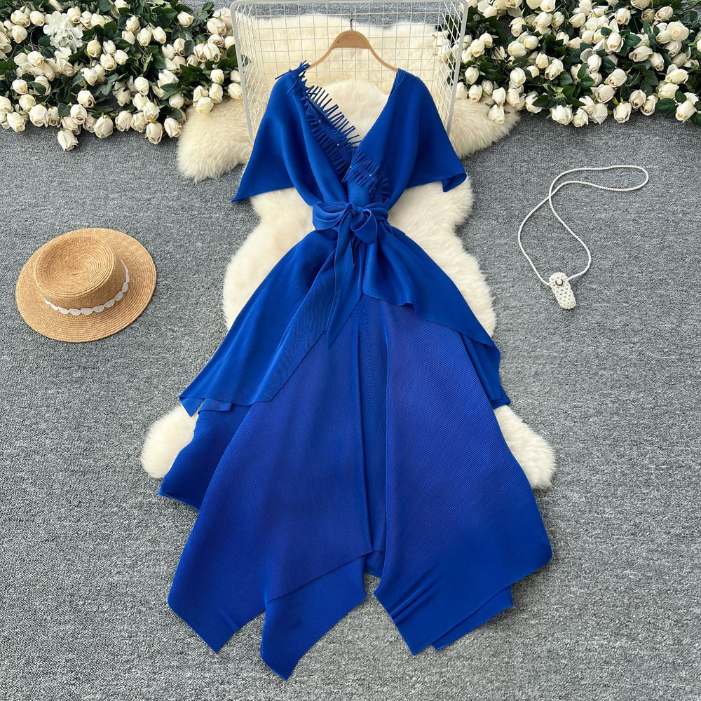 Fashionable v neckstereopatchwork strap waist asymmetrical pleated dress women's celebrity fashionable dress