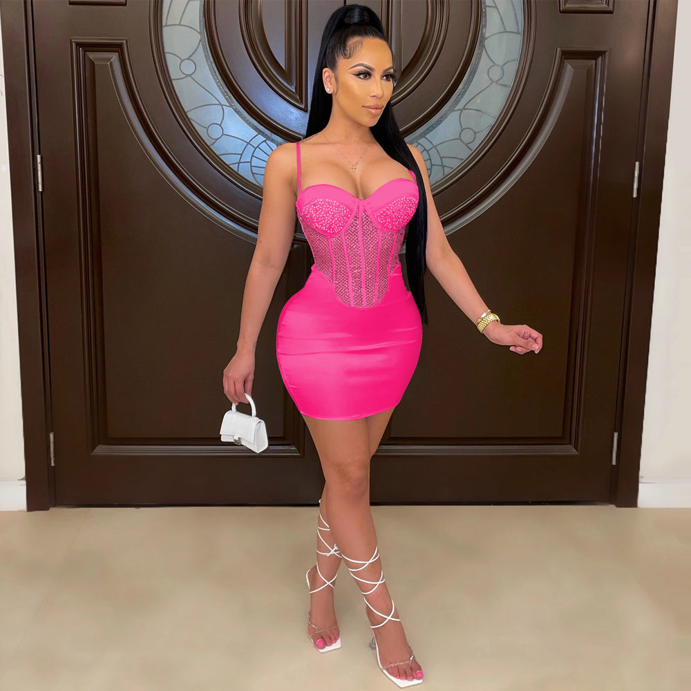X5132 cross-border new product    sexy suspender chest wrap mesh hot diamond pure color one-piece skirt