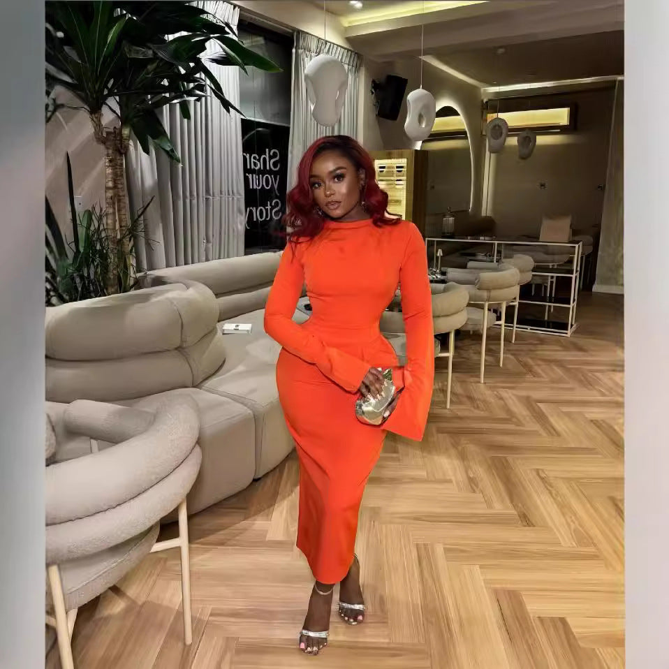 European and american cross-border women's fashion:  autumn/winter new collection - solid color long sleeve crew neck faux pocket bodycon slit maxi dress